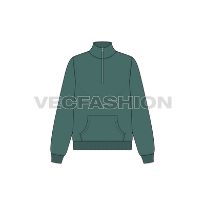 A vector illustrator sketch template of Women's Mock Neck Training Jacket. It is illustrated with Front, Side and Back view. It is a front open hoodie and have ribbed cuffs on sleeves and bottom hem