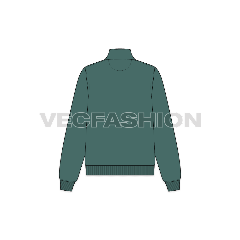 Womens mock neck training jacket flat sketch, back view