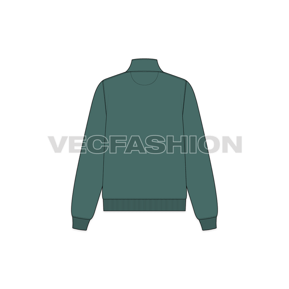 A vector illustrator sketch template of Women's Mock Neck Training Jacket. It is illustrated with Front, Side and Back view. It is a front open hoodie and have ribbed cuffs on sleeves and bottom hem