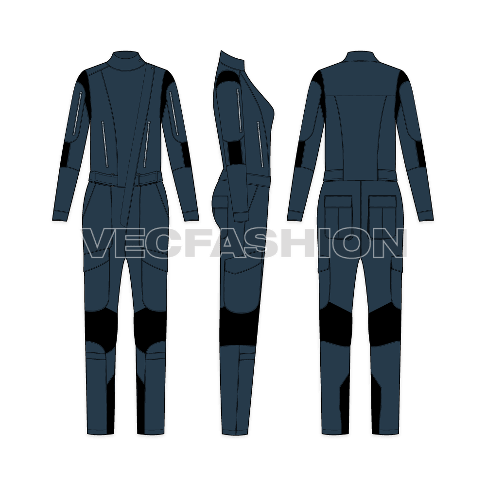 Womens mono suit flat sketch, showing all views, front, side and back