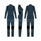 Womens mono suit flat sketch, showing all views, front, side and back