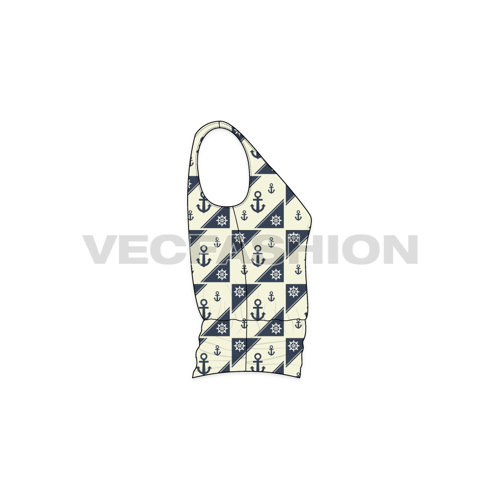A vector Template for Women's Nautical Blouse with an anchor Seamless Pattern. It has a deep V neckline with gathering details on shoulder and waist. 