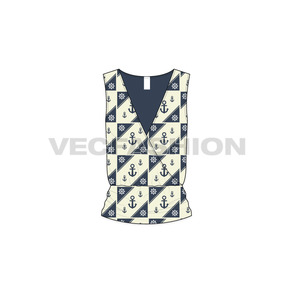 A vector Template for Women's Nautical Blouse with an anchor Seamless Pattern. It has a deep V neckline with gathering details on shoulder and waist. 