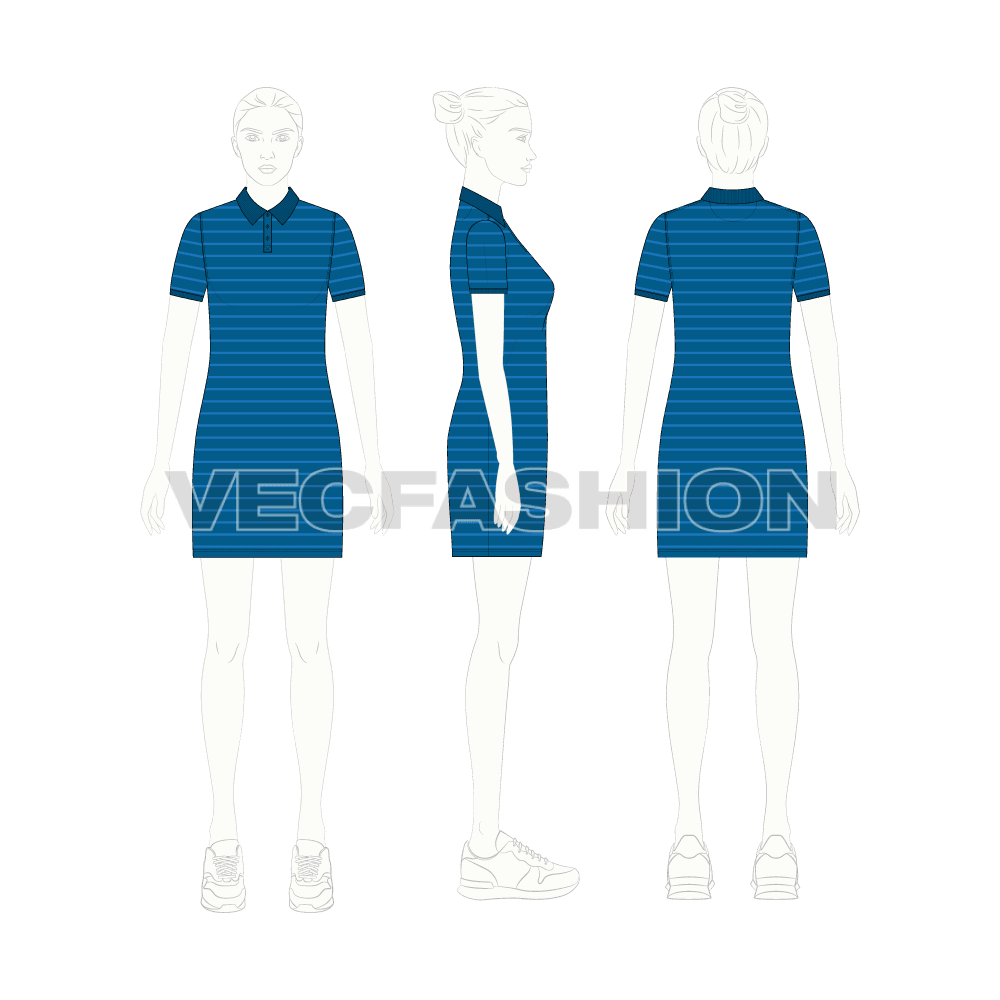Womens nautical long polo shirt flat sketch, croqui sketch