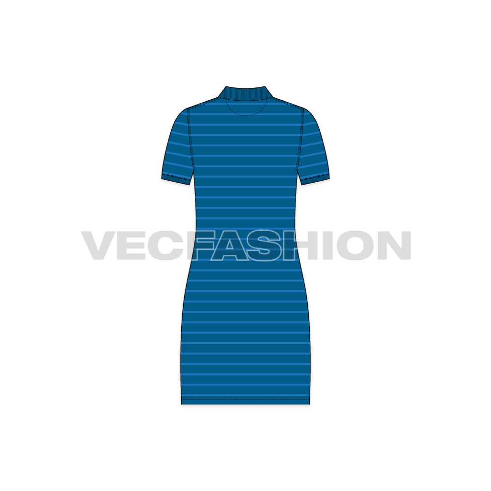 Womens nautical long polo shirt flat sketch, back view