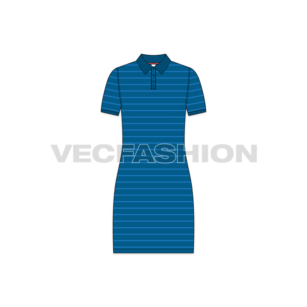 Womens nautical long polo shirt flat sketch, front view