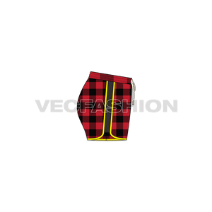 A vector template for Women's New York Shorts. It is rendered with Scottish Tartan and striking yellow trim detailing. 
