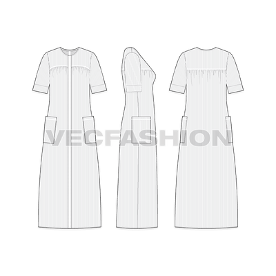 A vector fashion template sketch for Women's Night Robe. It is a full length cape style robe dress. The fabric is rendered with pin stripes and there are short sleeves. 