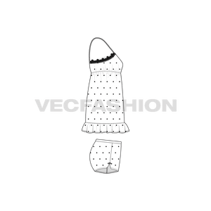 A vector fashion template sketch for Women's Night Suit. A v-shaped neckline with decorative vector lace around the top edge. It is a very cute style with straps on shoulder and the pajama shorts is a short cut with decorative trims on waistband and side slits. 