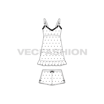 A vector fashion template sketch for Women's Night Suit. A v-shaped neckline with decorative vector lace around the top edge. It is a very cute style with straps on shoulder and the pajama shorts is a short cut with decorative trims on waistband and side slits. 