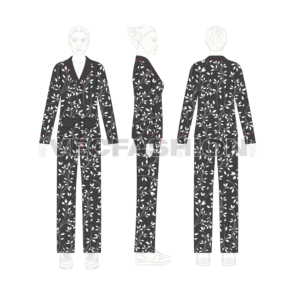 Womens night suit pajama set, coat style flat sketch, on croqui