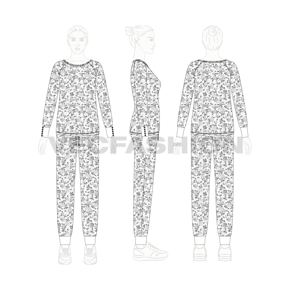 Womens night suit pajama set, raglan sleeve flat sketch, on croqui