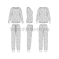 Womens night suit pajama set, raglan sleeve flat sketch, showing all views, front, side and back
