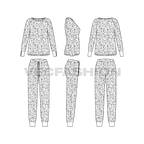 Womens night suit pajama set, raglan sleeve flat sketch, showing all views, front, side and back