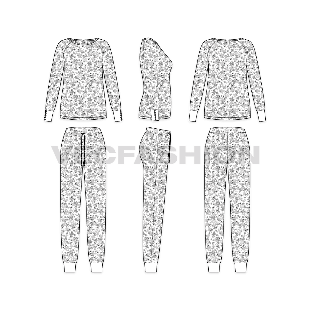 A vector fashion template sketch for Women's Night Suit Pajama Set. It has a raglan sleeves sweatshirt with contrast cuffs. The body have all over seamless print and pajama is a slim fit.  