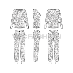 A vector fashion template sketch for Women's Night Suit Pajama Set. It has a raglan sleeves sweatshirt with contrast cuffs. The body have all over seamless print and pajama is a slim fit.  