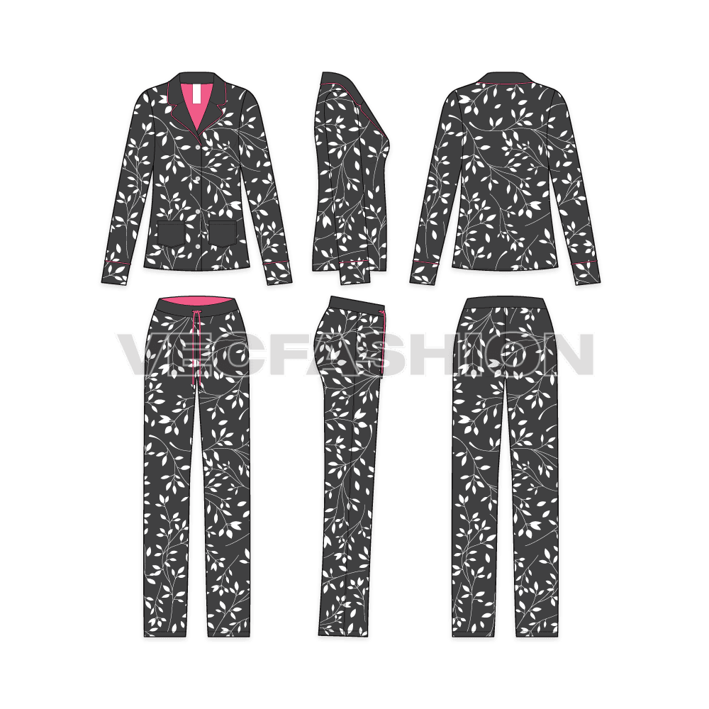 A vector template sketch for Women's Night Suit Pajama Set. It is rendered in a dark gray color with lightweight lining on the inside in contrast color to compliment the accent colors in the suit. The shirt is made in a coat style with notch collar and two pockets on front sides.  