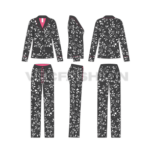 A vector template sketch for Women's Night Suit Pajama Set. It is rendered in a dark gray color with lightweight lining on the inside in contrast color to compliment the accent colors in the suit. The shirt is made in a coat style with notch collar and two pockets on front sides.  