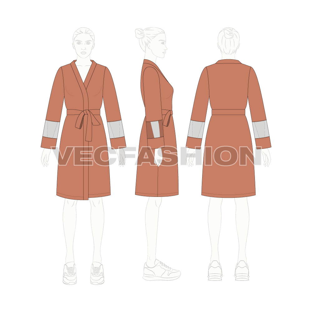 Womens night suit robe flat sketch, croqui sketch
