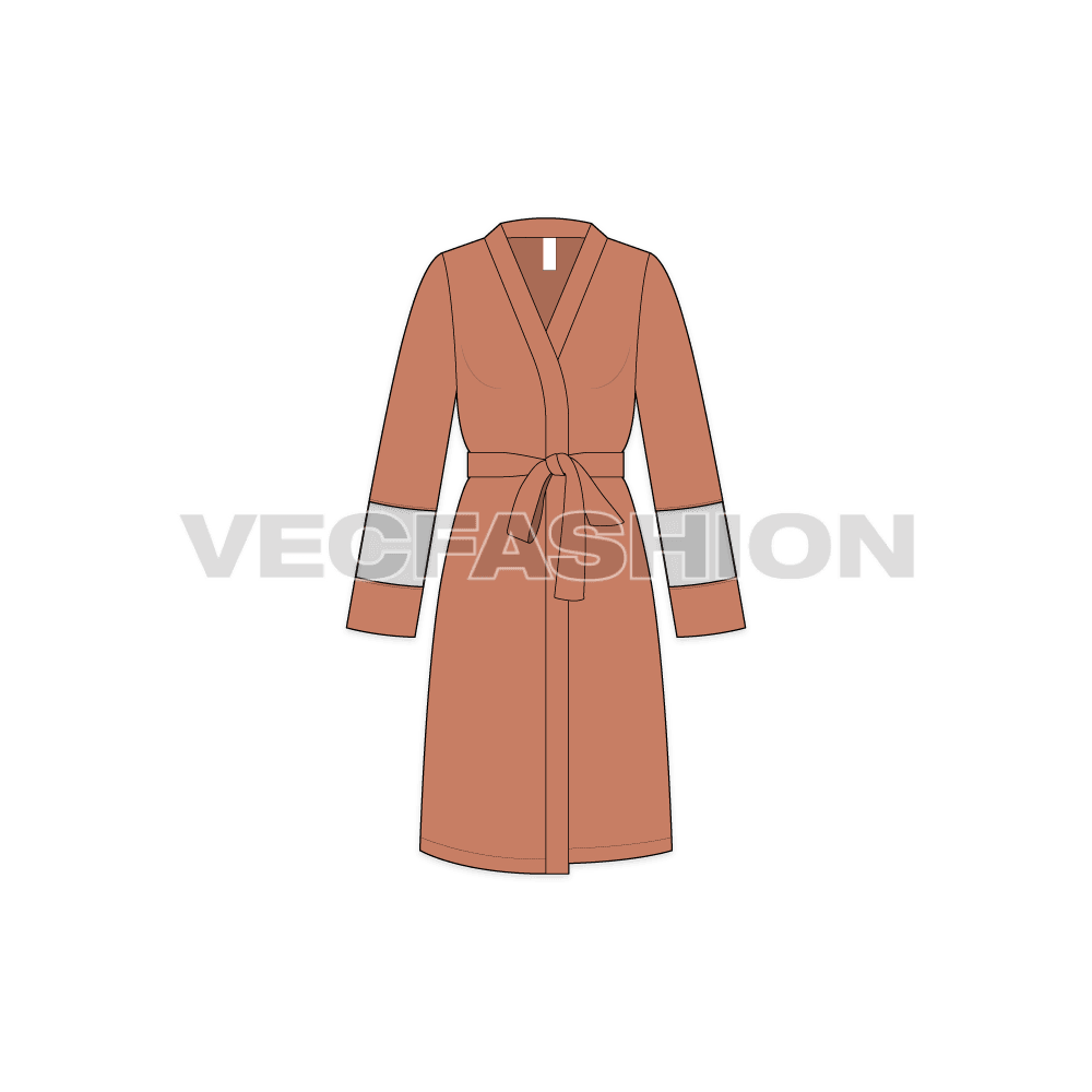 Womens night suit robe flat sketch, front view