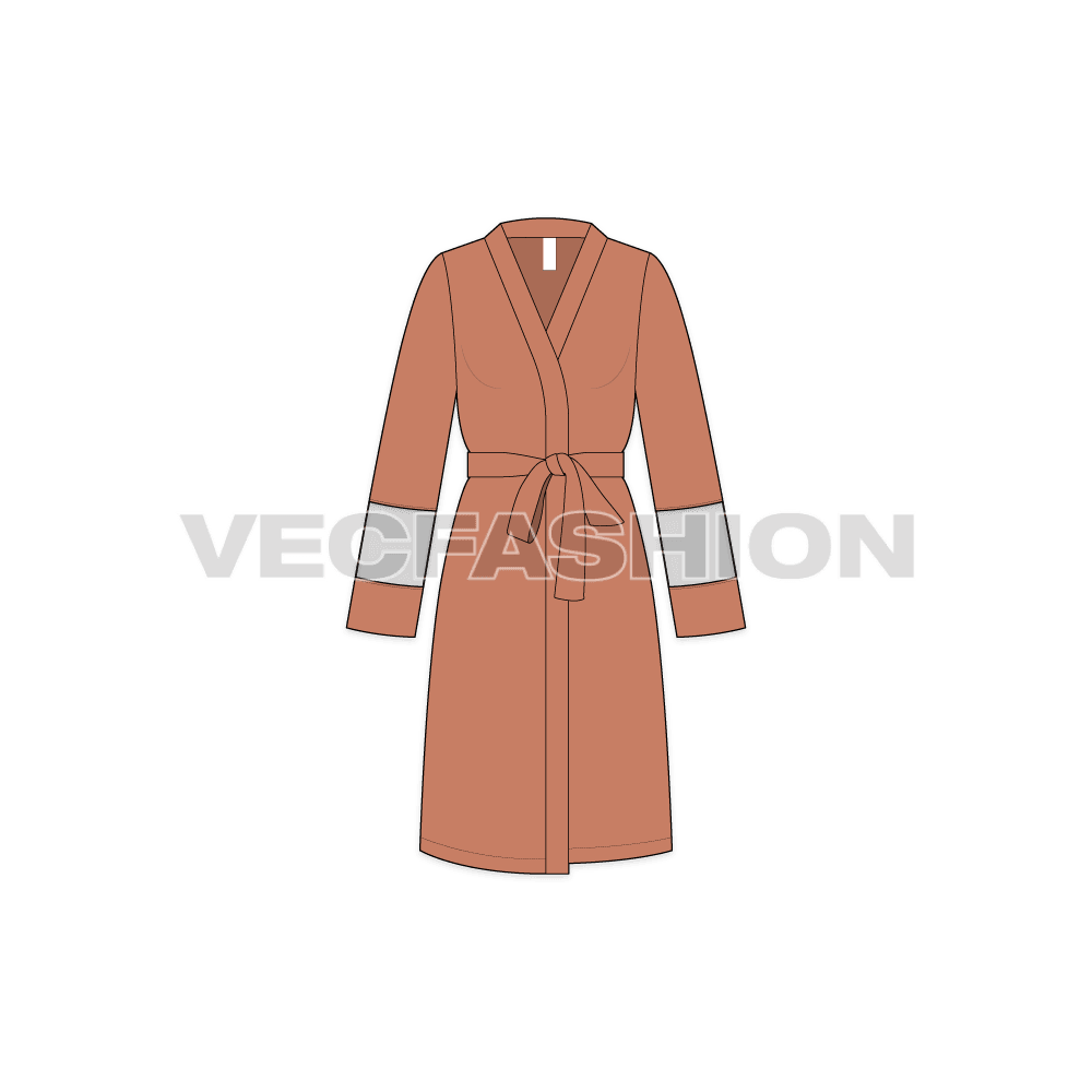 A vector fashion template sketch for Women's Night Suit Robe. It has an overlapping front with a lose belt usually made out of satin silk. The sleeves have a see through organza with running print on it.