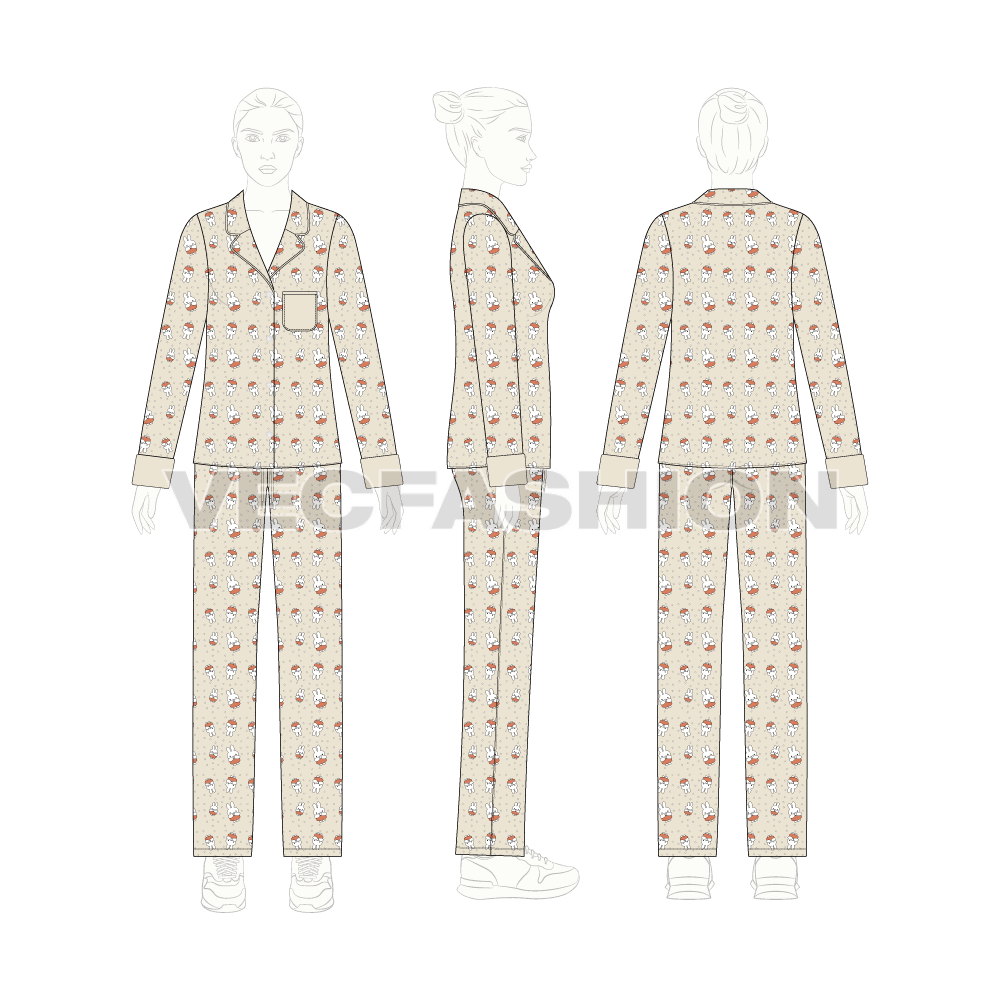 Womens night suit flat sketch, on croqui