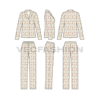 Womens night suit flat sketch, showing all views, front, side and back