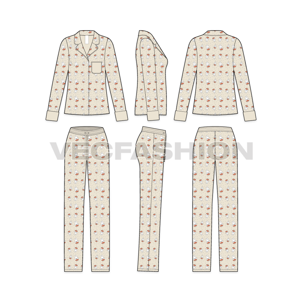 A vector template sketch for Women's Night Suit. It has a straight fit shirt with full length Pajamas. The fabric is all over print and shirt is front open with collar. 