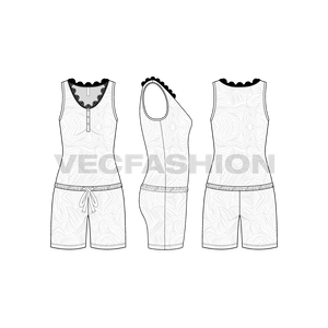 A vector fashion template sketch for Women's Nightwear Bodysuit. It has a curved v shape neckline with lace all around. There is a decorative tie strings around small hip and have all over seamless print. 