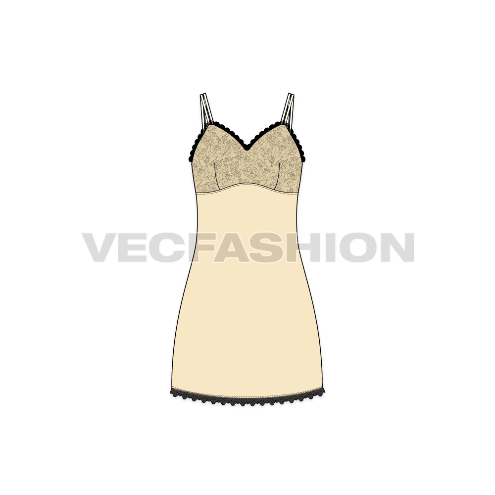 A vector fashion template sketch for Women's Nightwear Dress. The top yoke part is printed and there is lace around the top edge and bottom hem. 