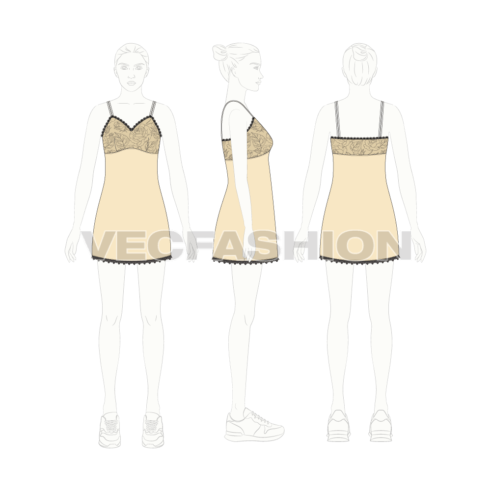 Womens nightwear dress flat sketch, croqui sketch