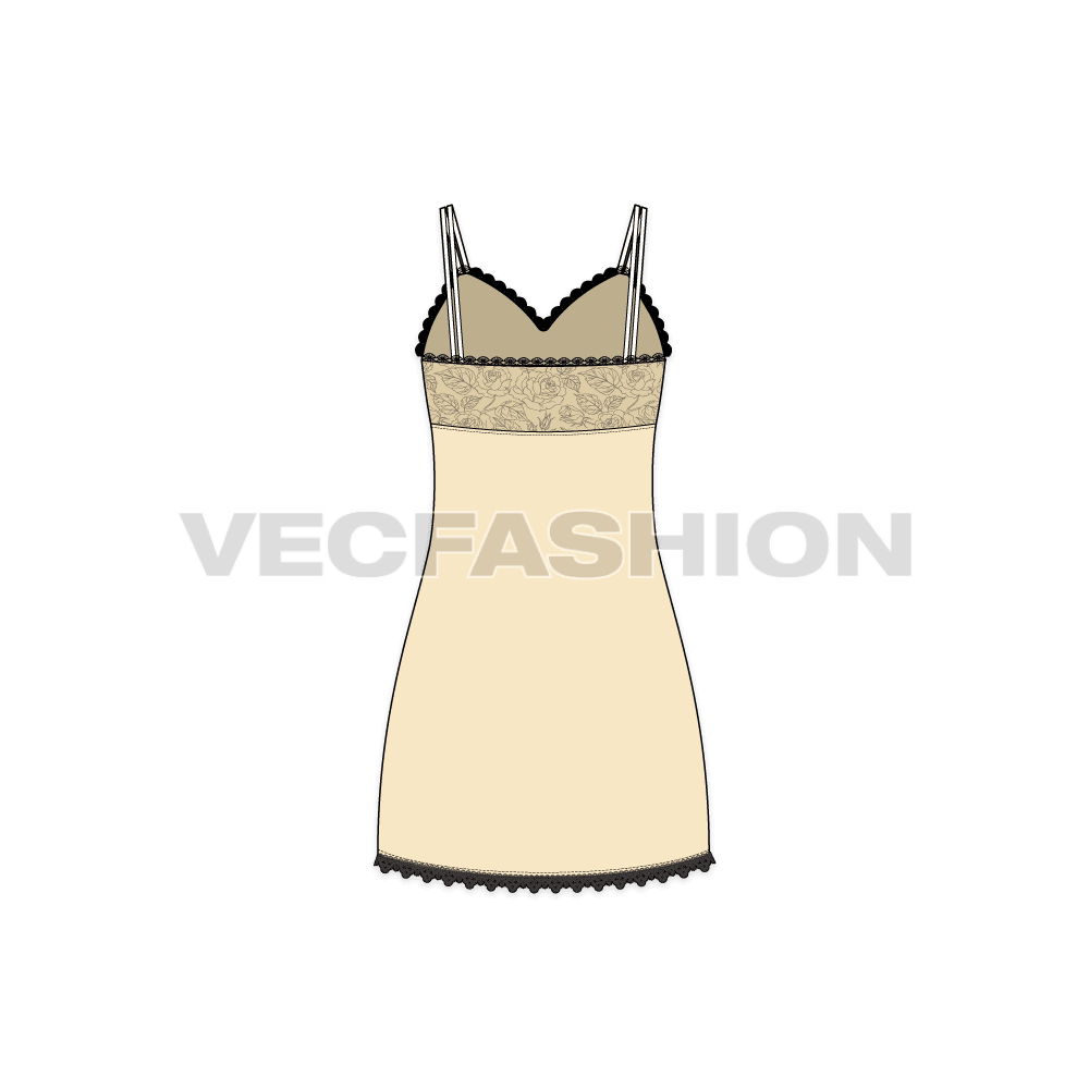 A vector fashion template sketch for Women's Nightwear Dress. The top yoke part is printed and there is lace around the top edge and bottom hem. 