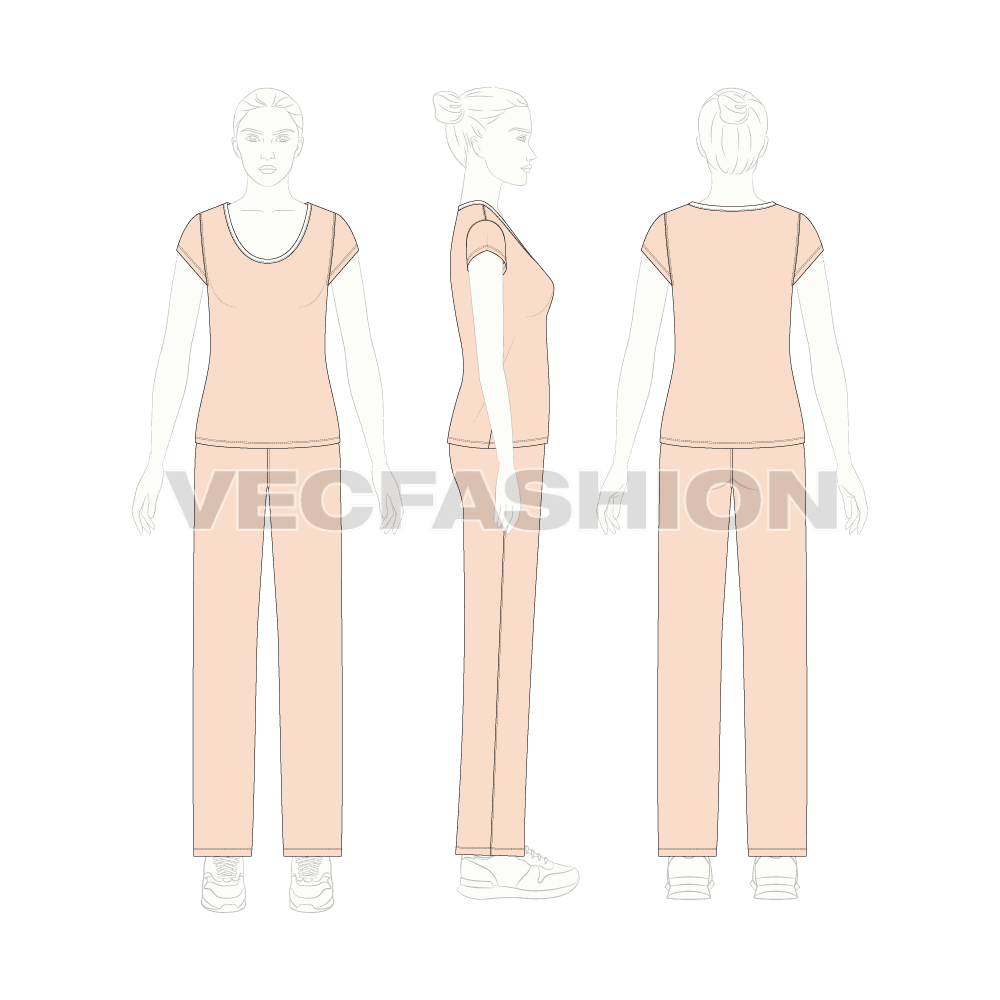 Womens nightwear pajama set, peach flat sketch, on croqui