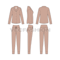 Womens nightwear pajama set, silk shirt pants flat sketch, showing all views, front, side and back