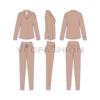 Womens nightwear pajama set, silk shirt pants flat sketch, showing all views, front, side and back