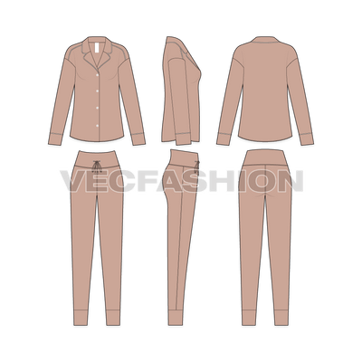 A vector illustrator fashion cad for Women's Nightwear Pajama Set. It has a night suit silk shirt with silky pants.  