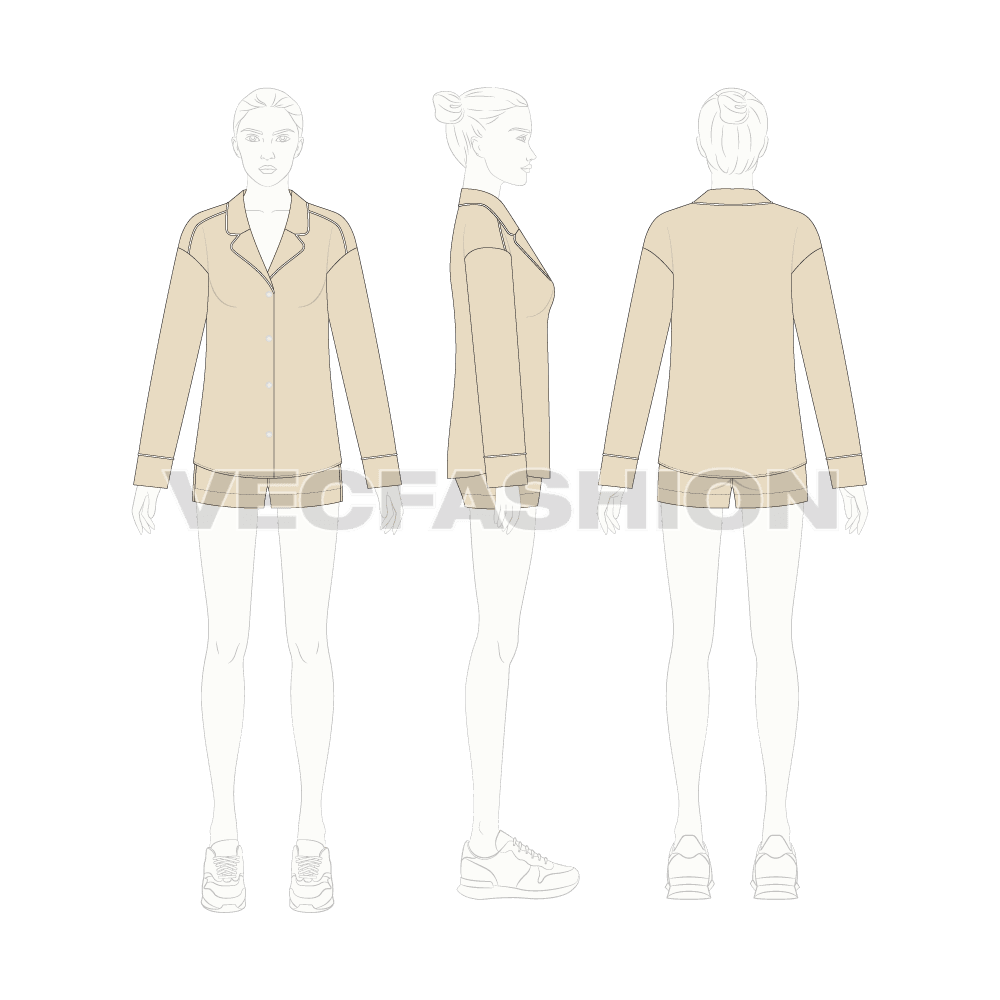 Womens nightwear pajama set, silk shirt shorts flat sketch, on croqui