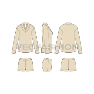 A vector illustrator fashion cad for Women's Nightwear Pajama Set. It has a night suit silk shirt with silky shorts.