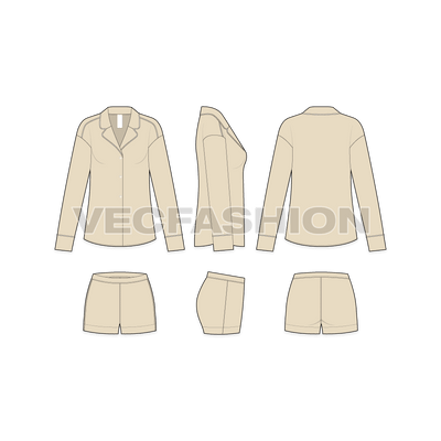 A vector illustrator fashion cad for Women's Nightwear Pajama Set. It has a night suit silk shirt with silky shorts.