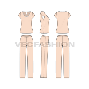 A vector template of Women's Nightwear Pajama Set. This Pajama Set has a peach colored Top with matching Bottom. The Top tee is a wide and low neckline to give maximum comfort and relaxation.
