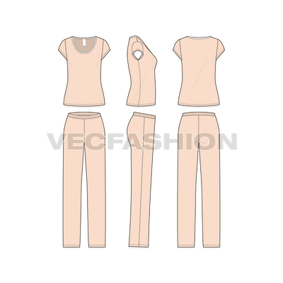 A vector template of Women's Nightwear Pajama Set. This Pajama Set has a peach colored Top with matching Bottom. The Top tee is a wide and low neckline to give maximum comfort and relaxation.