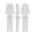 Womens nightwear pajama suit, plaid flat sketch, showing all views, front, side and back