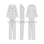 Womens nightwear pajama suit, plaid flat sketch, showing all views, front, side and back