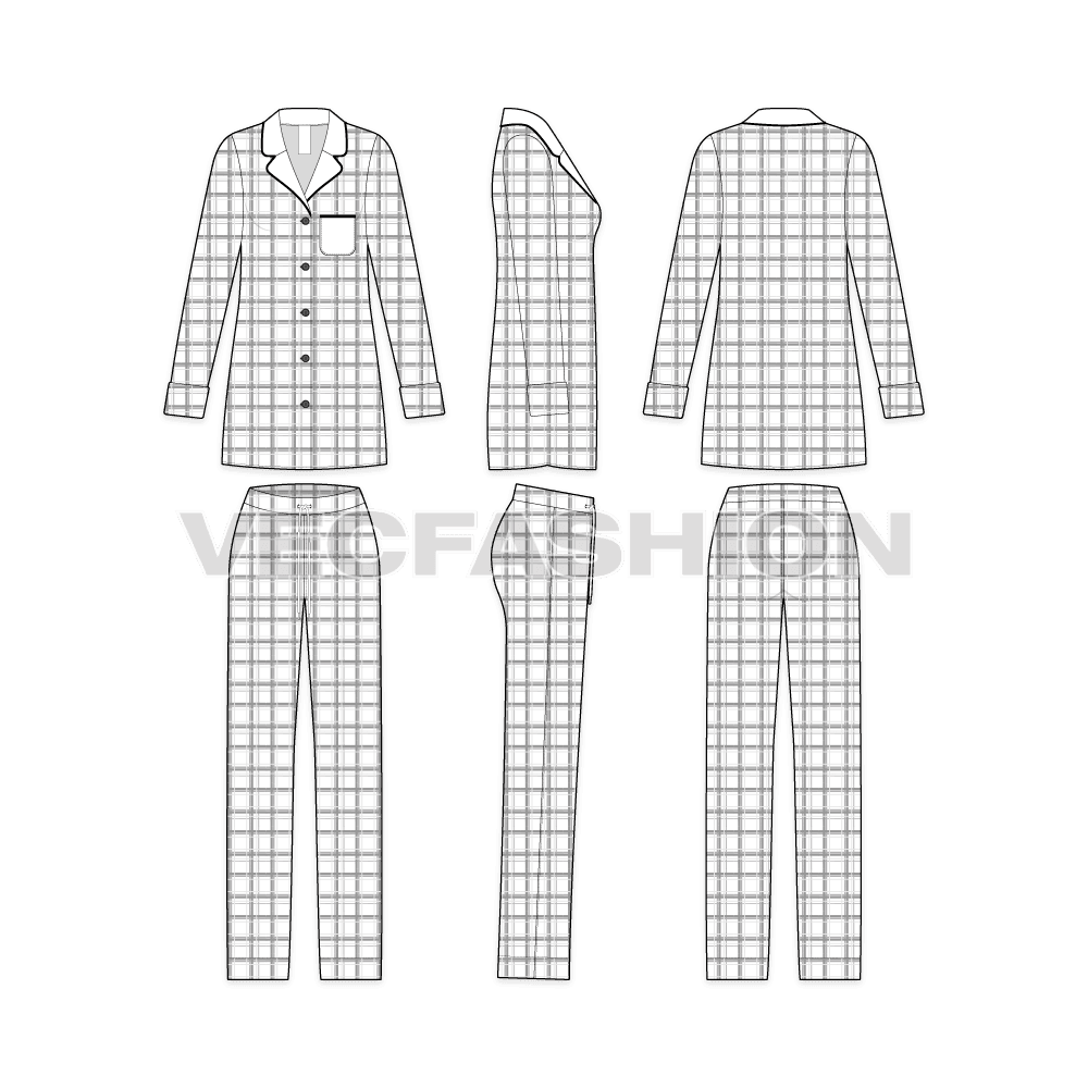 A vector fashion template sketch for Women's Nightwear Pajama Suit. It has a long length shirt in straight fit with Scottish Plaid seamless pattern. The pajama is elasticated with flat drawstrings.  