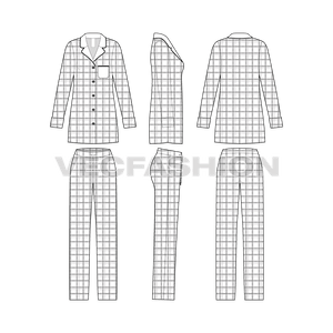A vector fashion template sketch for Women's Nightwear Pajama Suit. It has a long length shirt in straight fit with Scottish Plaid seamless pattern. The pajama is elasticated with flat drawstrings.  