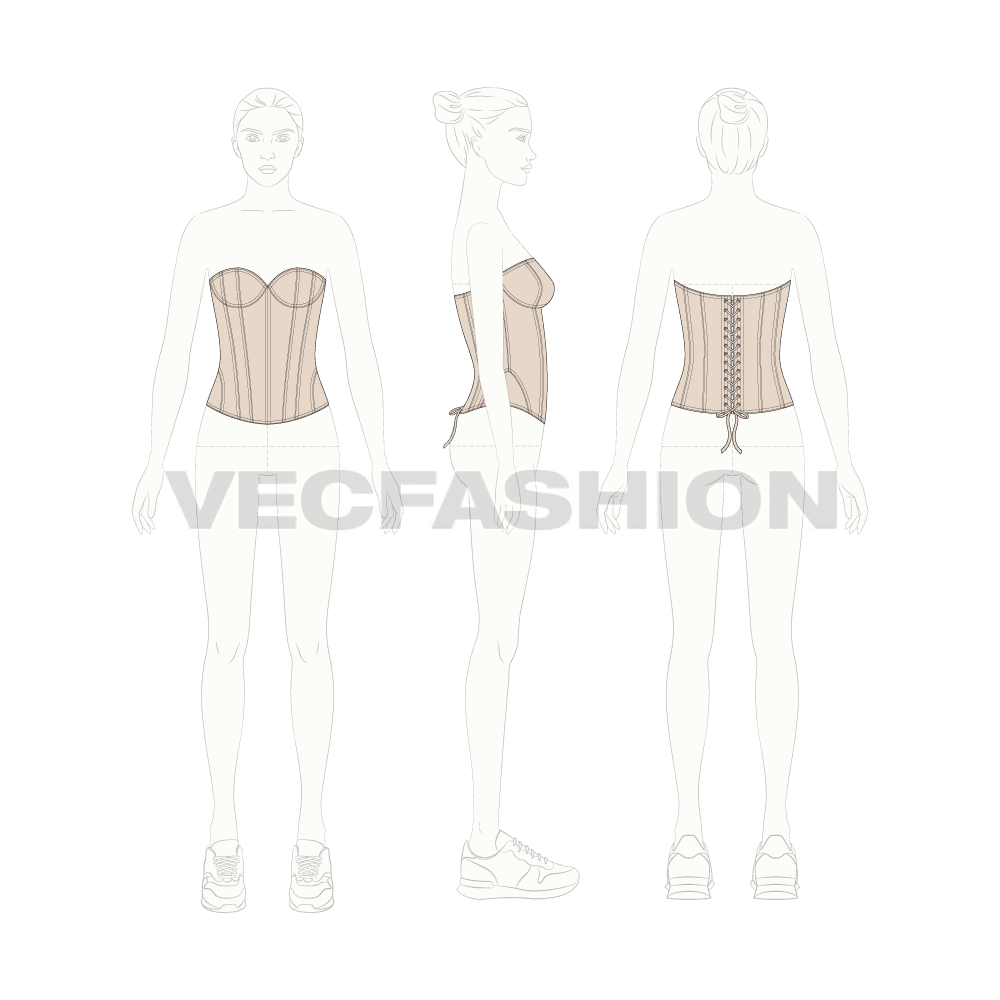 Womens nude fitted corset flat sketch, croqui sketch