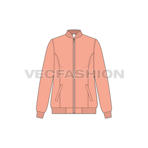 A vector template for Women's Nylon Bomber Jacket. It has metal surface zipper, pockets on sides and ribbed collar.