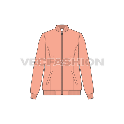 A vector template for Women's Nylon Bomber Jacket. It has metal surface zipper, pockets on sides and ribbed collar.