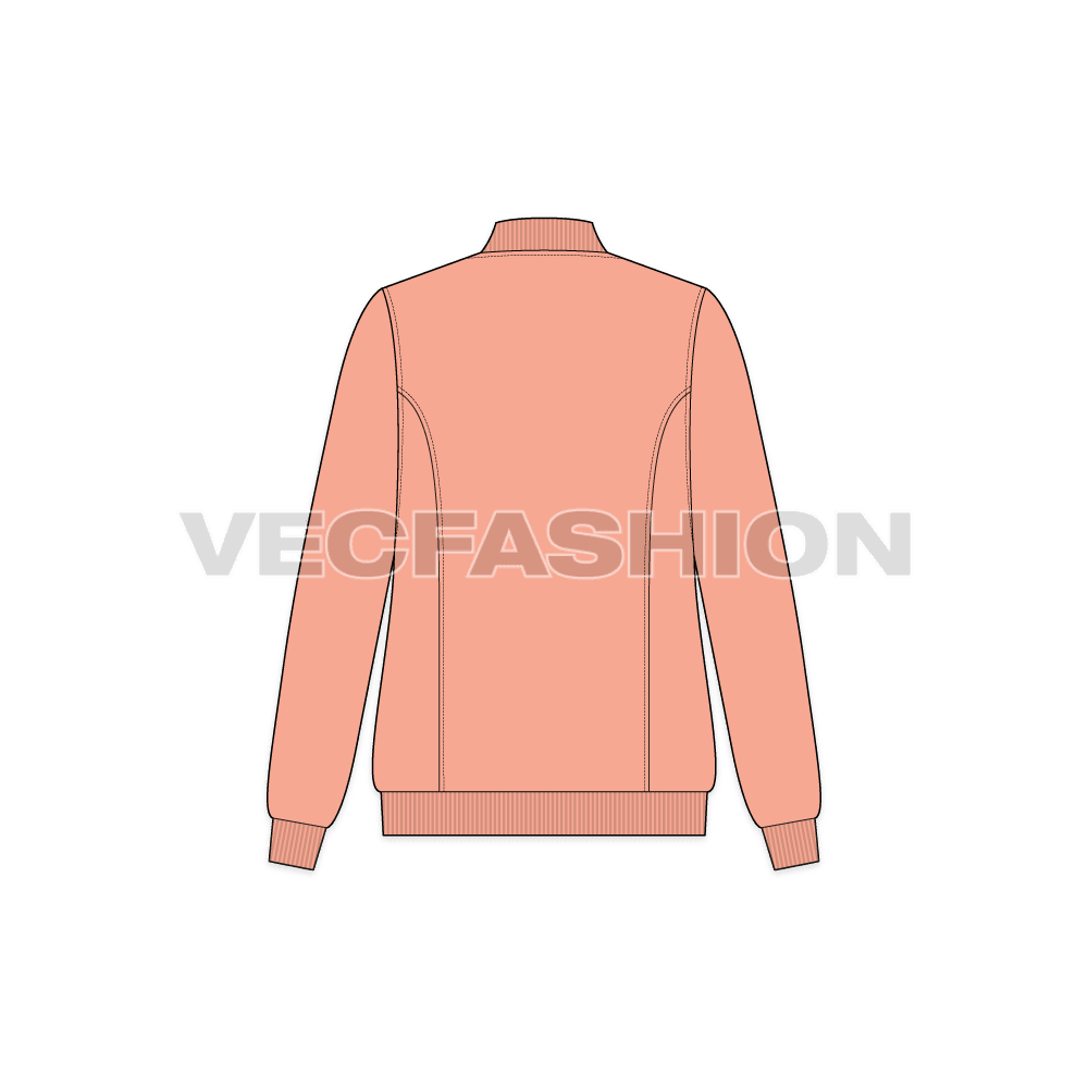 A vector template for Women's Nylon Bomber Jacket. It has metal surface zipper, pockets on sides and ribbed collar.