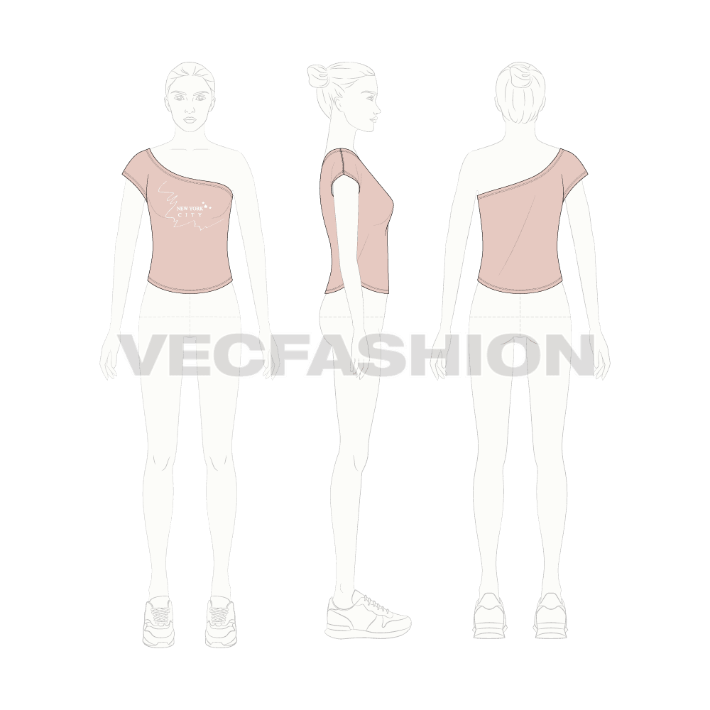 Womens off-shoulder knitwear tee flat sketch, croqui sketch